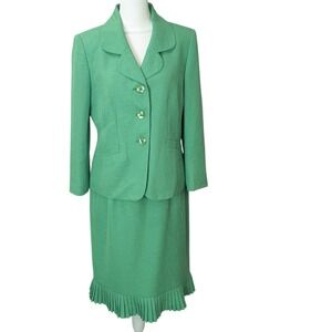 Le Suit Skirt Jacket Suit Sz 6 Green 3-Button Round Notch Lapel Pencil Pleat Hem
